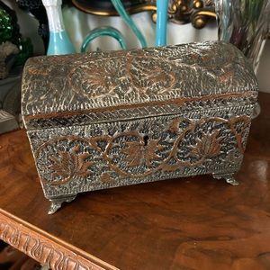 Antique Silver Plate & Copper Repousse Jewelry Box with original Skeleton Key